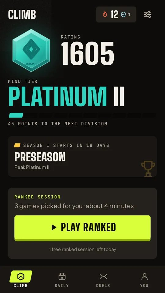 Mindtier home screen: rating, tier and today&rsquo;s ranked session